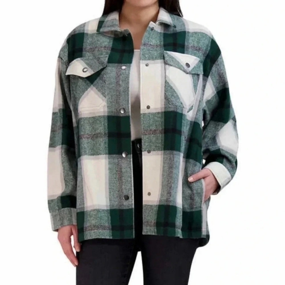 XXL HFX Women's Relaxed Fit Warm Shell Flannel Plaid Shirt Jacket, Green